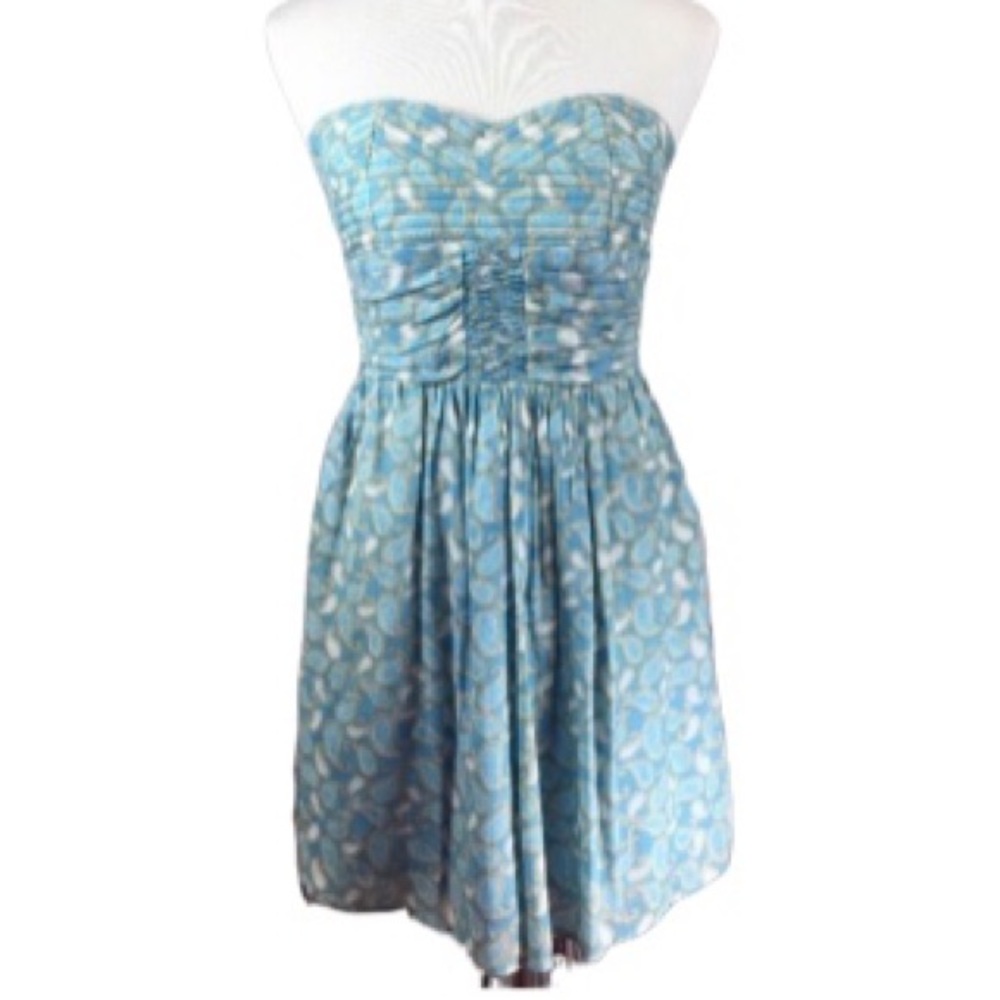 C Luce Teal Paisley Print Quilted Strapless Dress